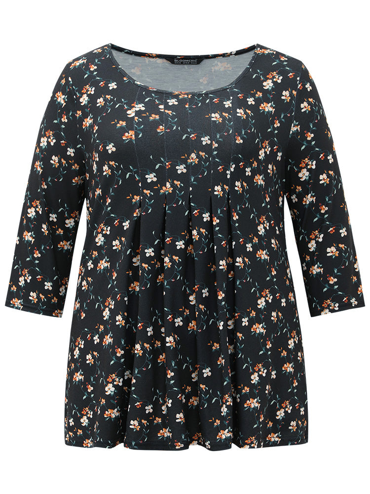 Ditsy Floral Crew Neck Plicated Detail T-shirt