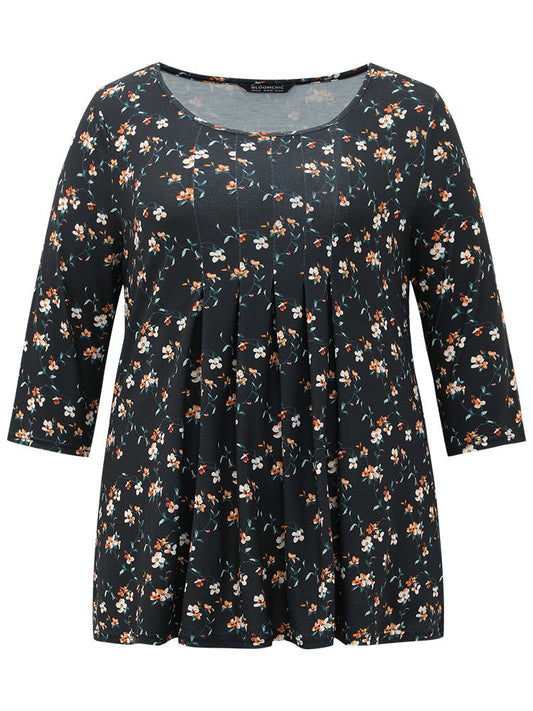 Ditsy Floral Crew Neck Plicated Detail T-shirt