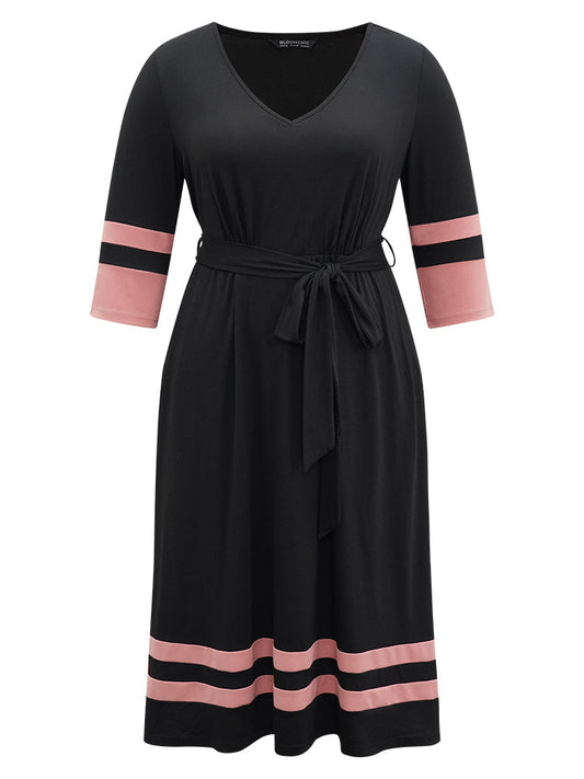 Colorblock Contrast Elastic Waist Pocket Belted Dress