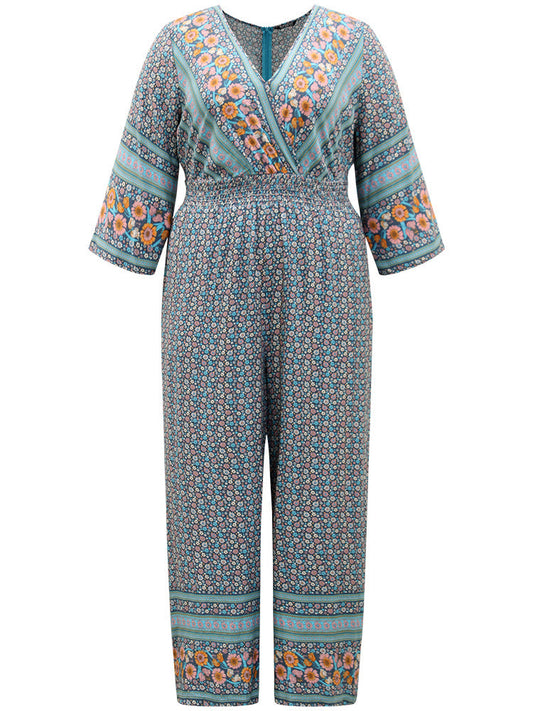 Floral Print Shirred Overlap Collar Jumpsuit