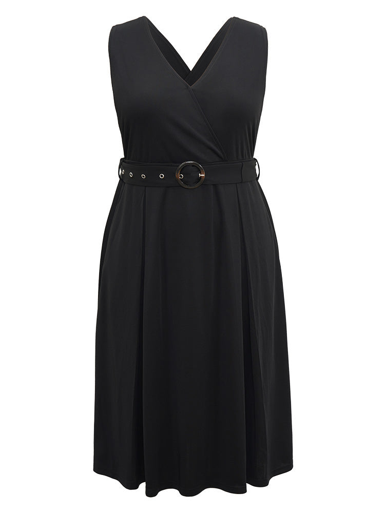 Plain Buckle Detail Surplice Neck Tank Dress