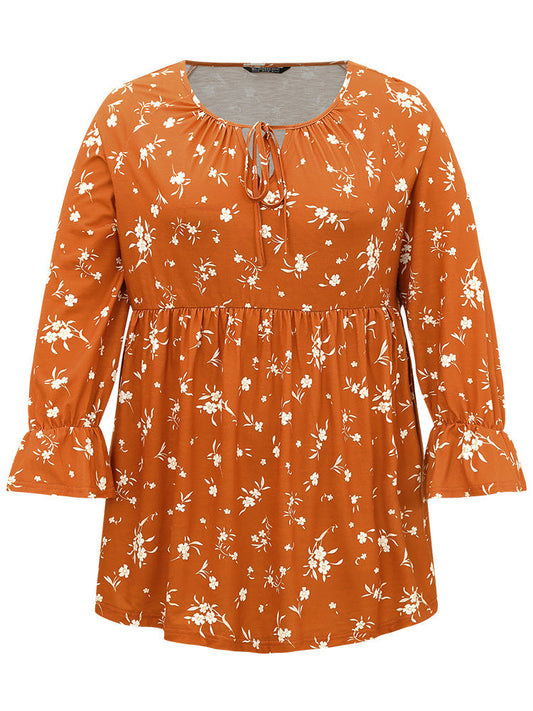 Silhouette Floral Print Tie Neck Elastic Waist Gathered T-shirt