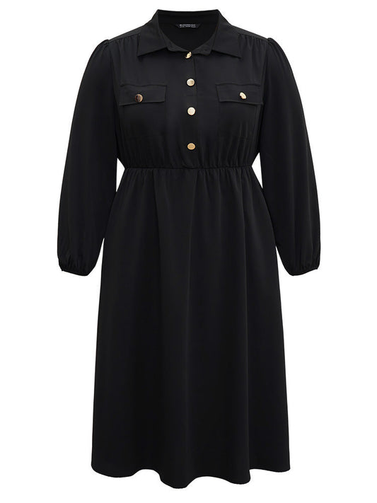 Static-Free Plain Button Detail Lantern Sleeve Dress