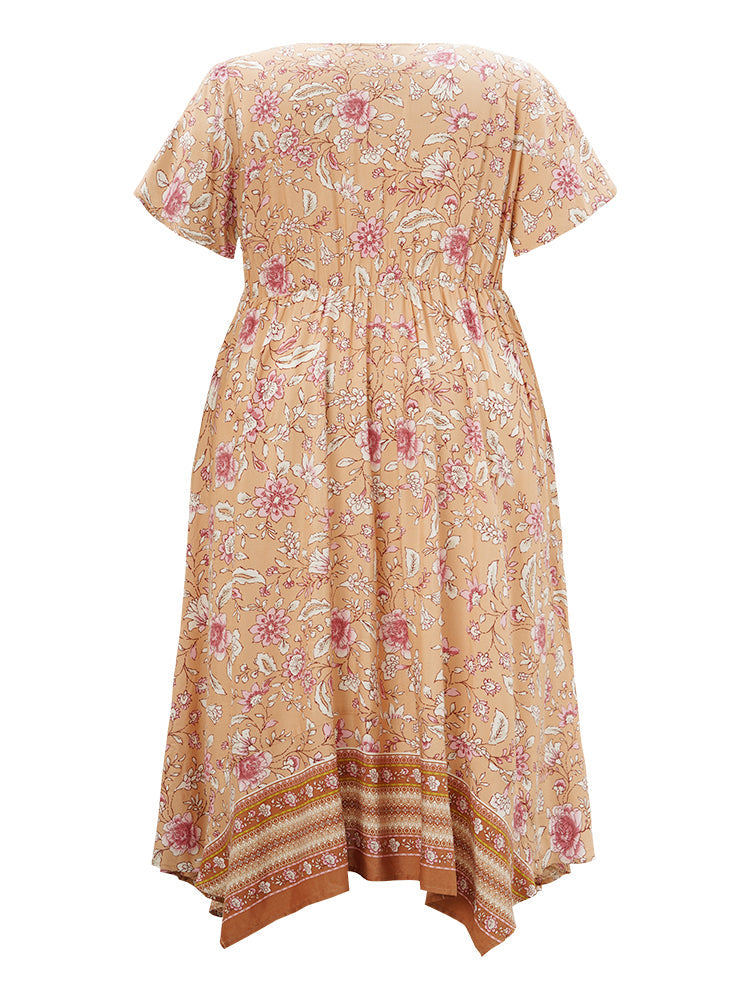 Floral Print Petal Sleeve Pocket Knot Front Ruffle Hem Dress