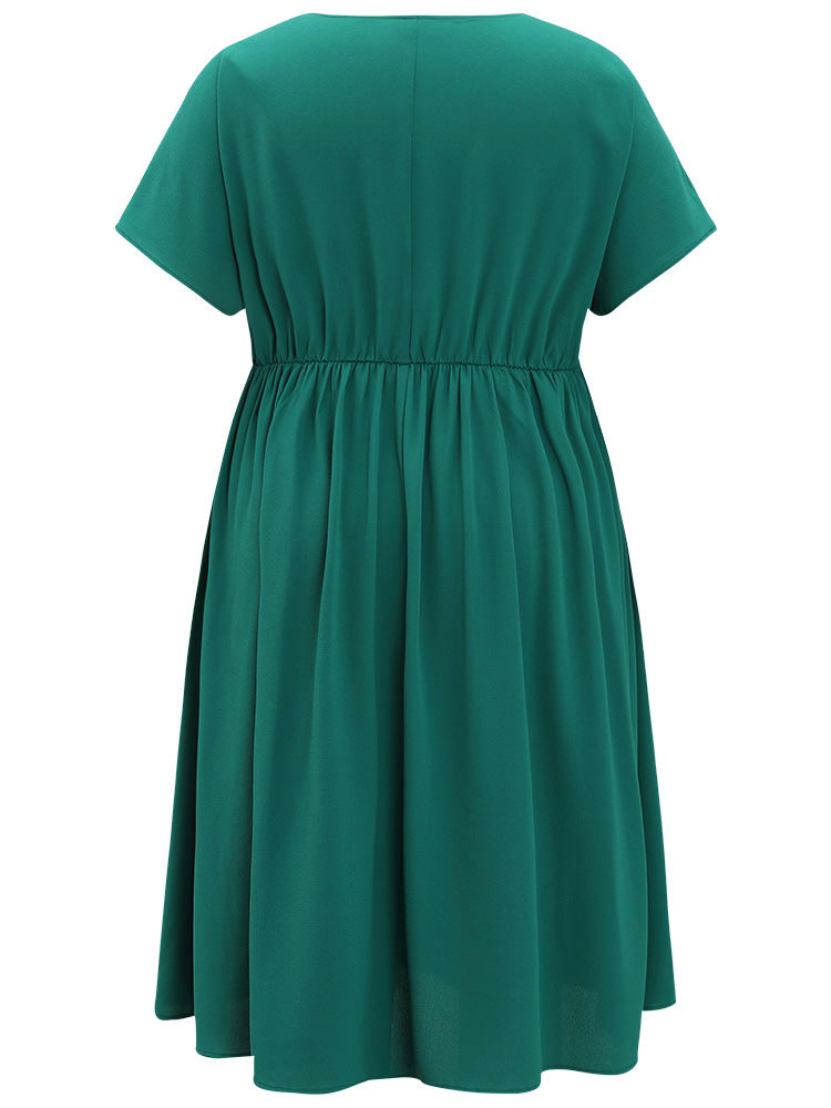 Plain Lace Patchwork Pleated Pocket Ruffle Hem Dress