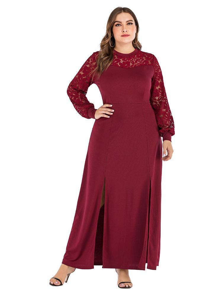 Lace Neckline Split Maxi Dress