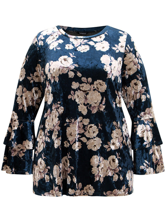 Velvet Floral Tiered Flounce Sleeve T-shirt