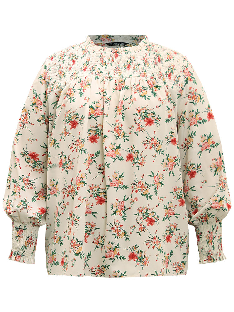 Floral Print Shirred Frill Trim Blouse