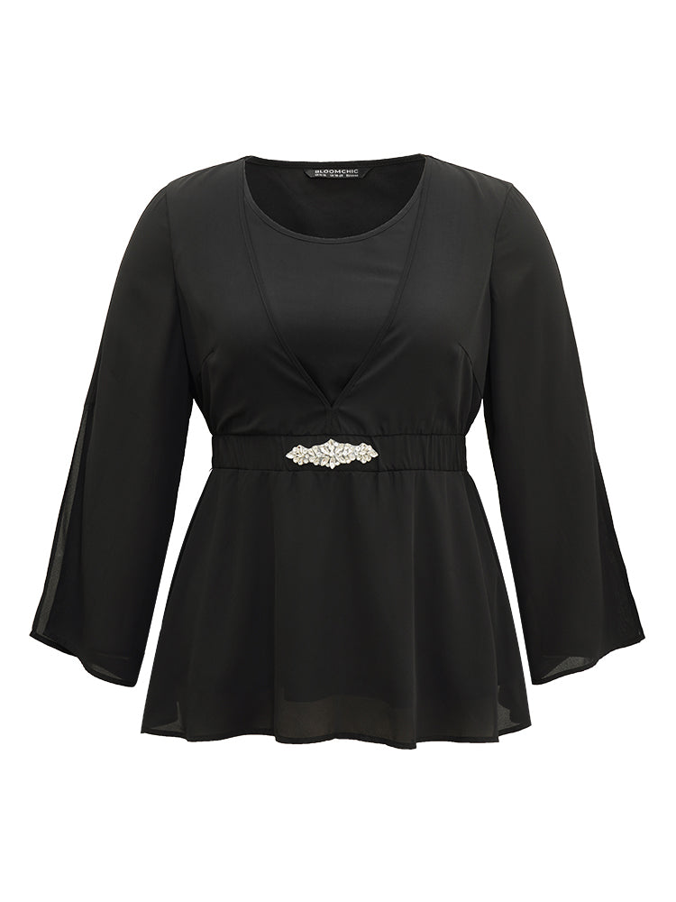 Solid Chiffon Rhinestone Bell Sleeve Blouse