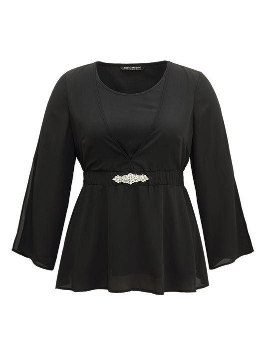 Solid Chiffon Rhinestone Bell Sleeve Blouse
