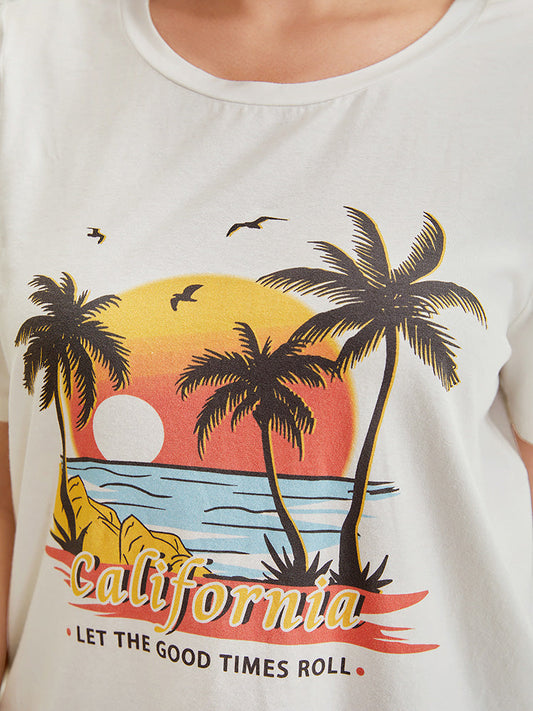 Letter & Coconut Tree Print Crew Neck Graphic Tee