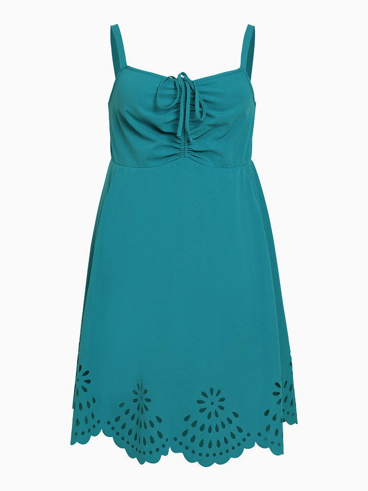 Plain Laser Cut Drawstring Pocket Ruched Cami Dress