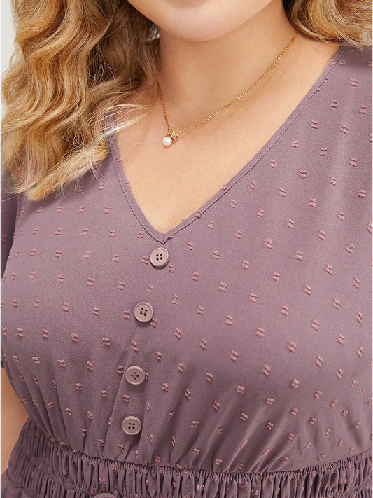 Plain Ruffle Hem Button Detail Knot Shirred Puff Sleeve Dress