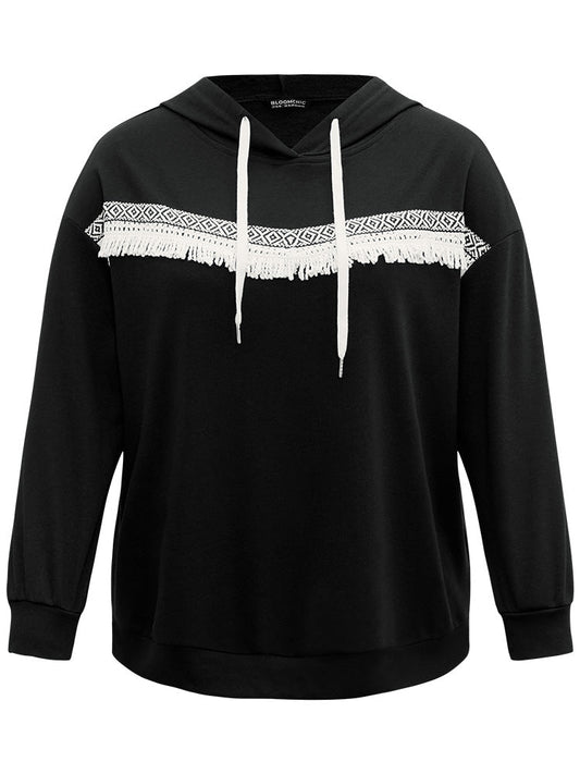 Bandana Tassel Trim Hooded Drawstring Sweatshirt