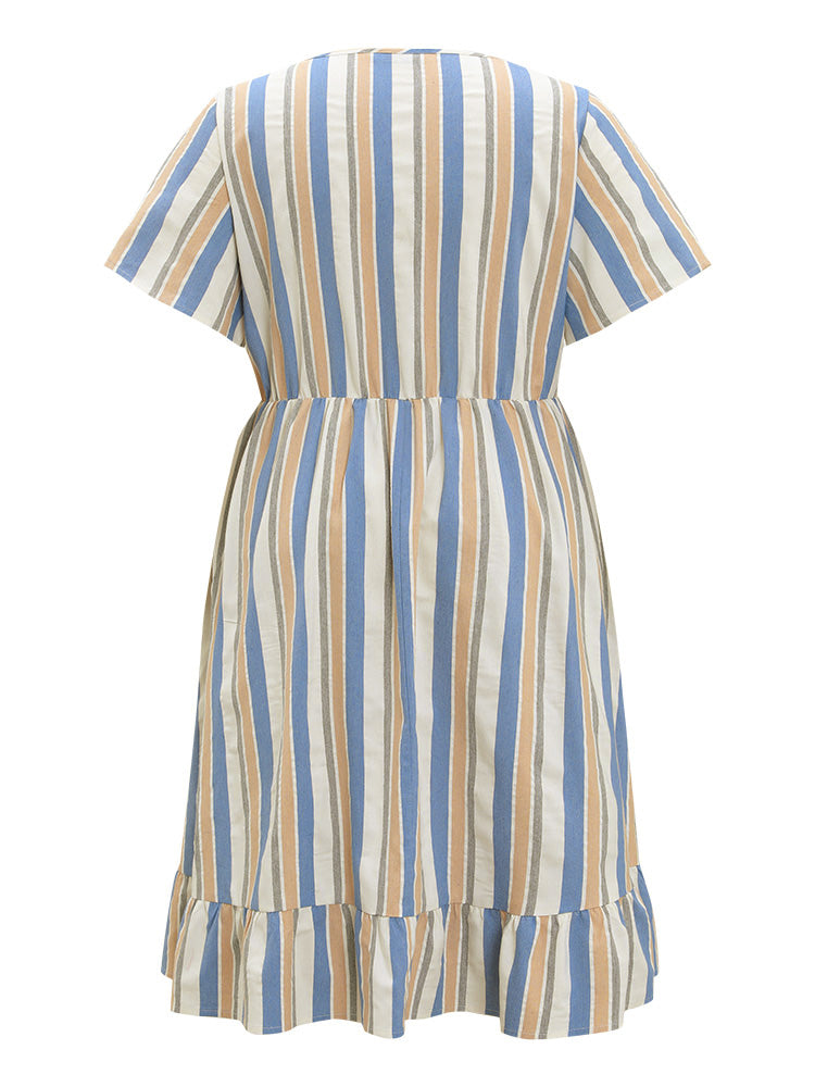 Striped Print Button Detail Pocket Flutter Hem Dress