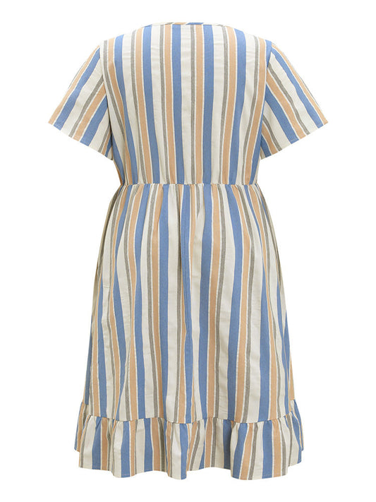 Striped Print Button Detail Pocket Flutter Hem Dress