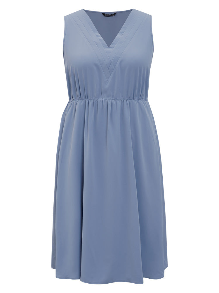 Solid Pleated Detail Pocket Flutter Hem Tank Dress