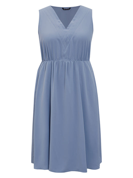 Solid Pleated Detail Pocket Flutter Hem Tank Dress