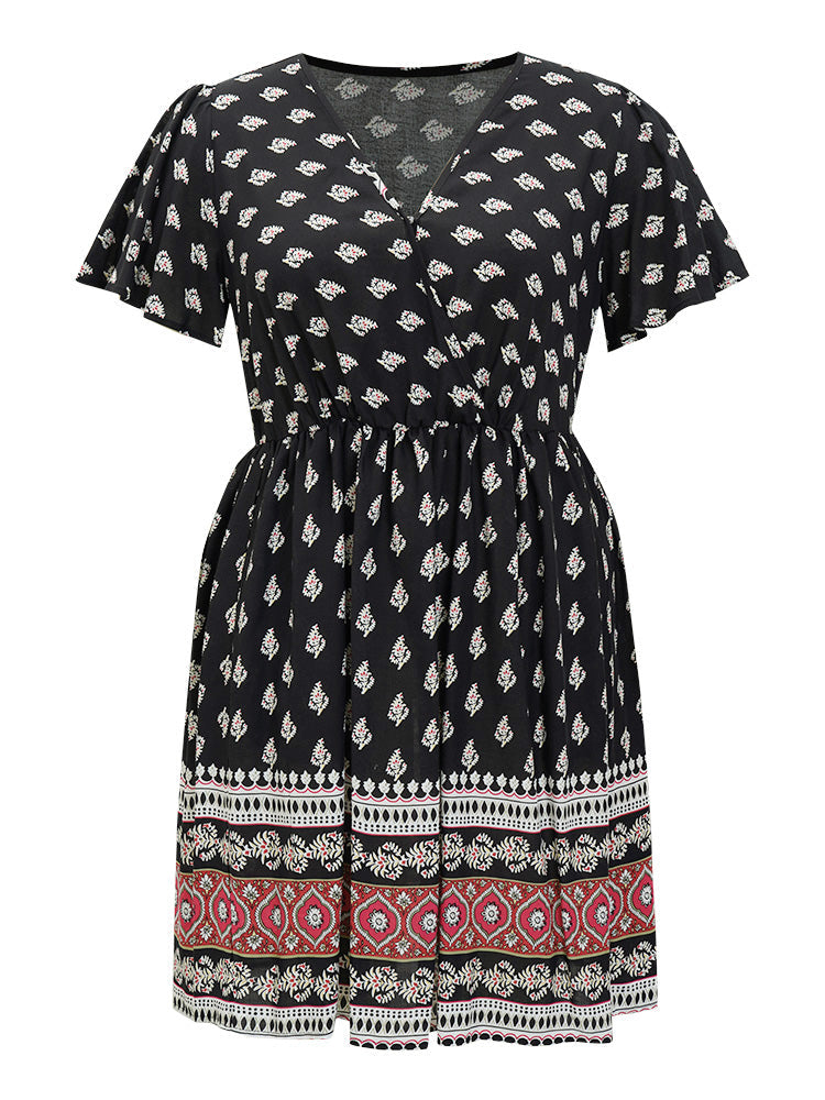 Bandana Print Flutter Sleeve Pocket Wrap Dress