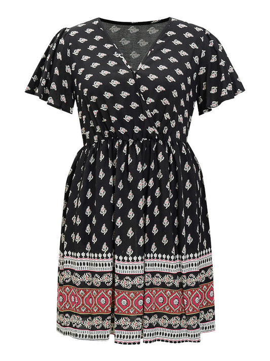 Bandana Print Flutter Sleeve Pocket Wrap Dress