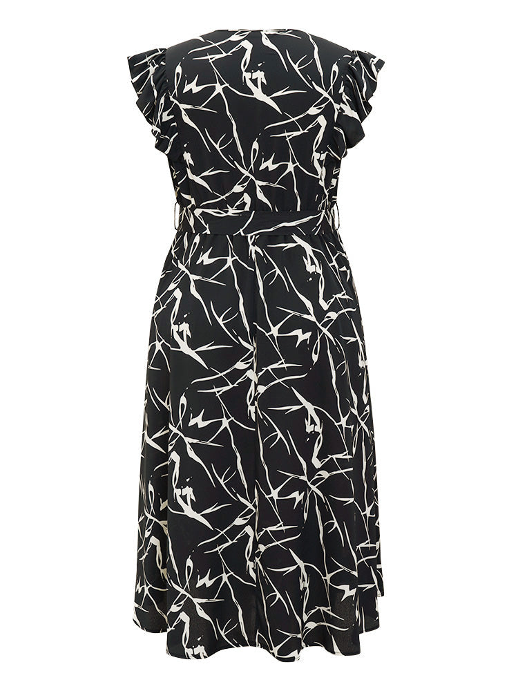 Plant Print Pocket Wrap Ruffle Trim Belt Tank Dress