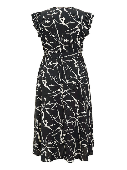 Plant Print Pocket Wrap Ruffle Trim Belt Tank Dress