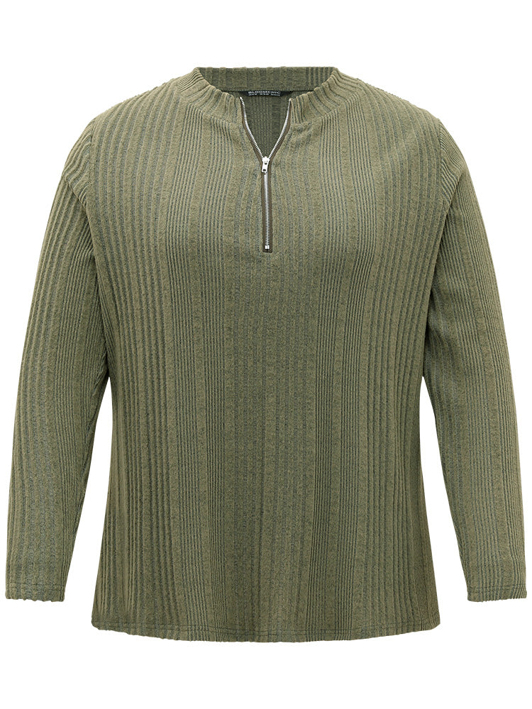 Plain Rib Knit Half Zip T-shirt