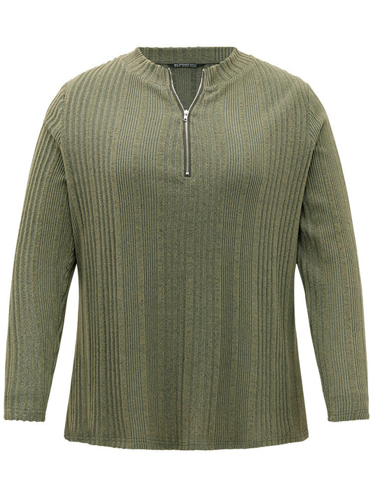 Plain Rib Knit Half Zip T-shirt