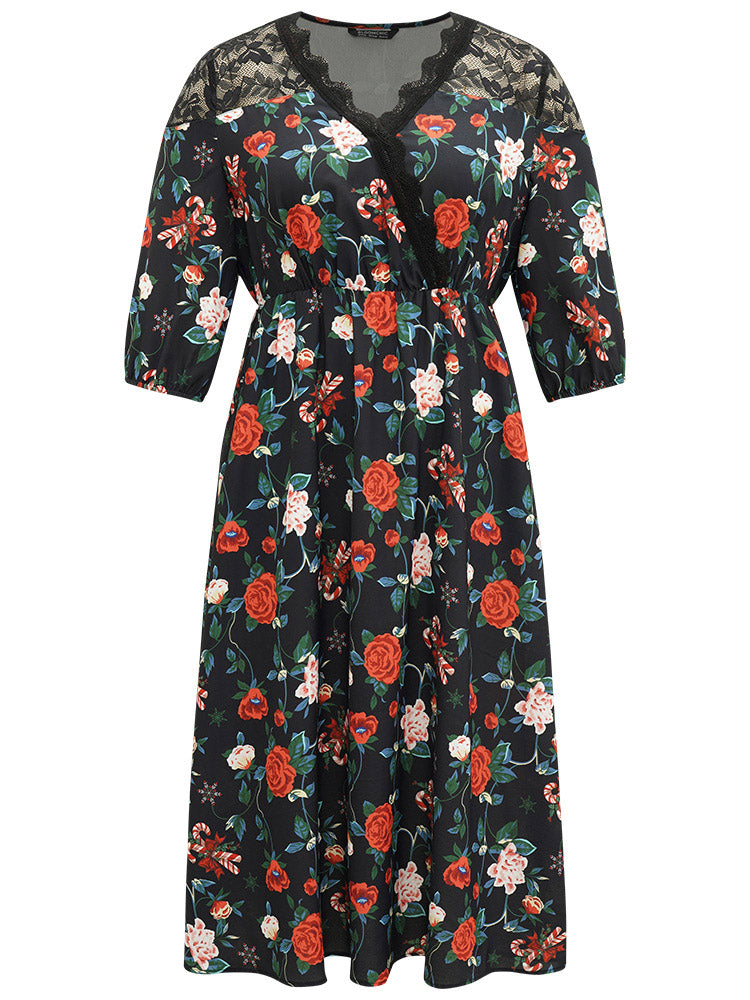 Floral Crochet Lace Mesh Overlap Collar Dress