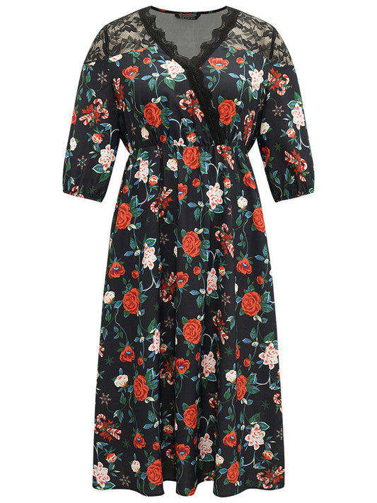 Floral Crochet Lace Mesh Overlap Collar Dress