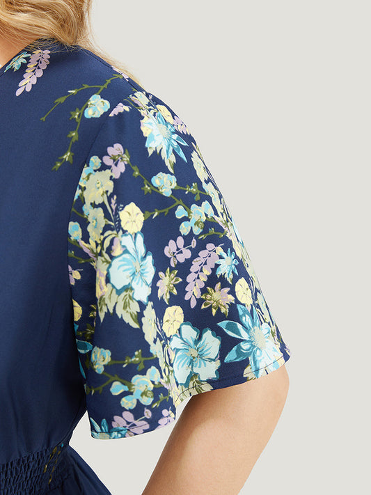 Floral Shirred Ruffles Pocket Button Detail Dress