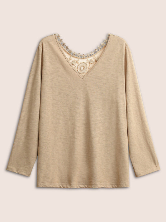Plain Heather Lace Mesh Patchwork T-shirt