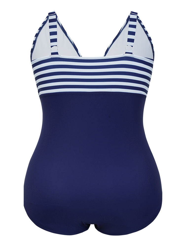 Striped Patchwork Wrap Knot Front One Piece Swimsuit