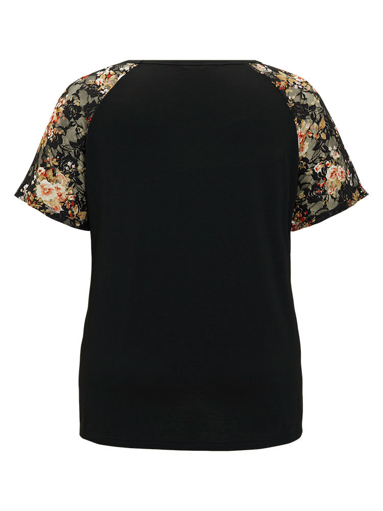 Floral Contrast Lace Mesh Raglan Sleeve T-shirt