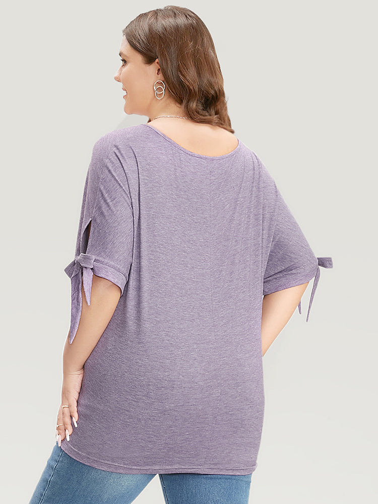 Solid V Neck Cut Out Knot Sleeve T-shirt