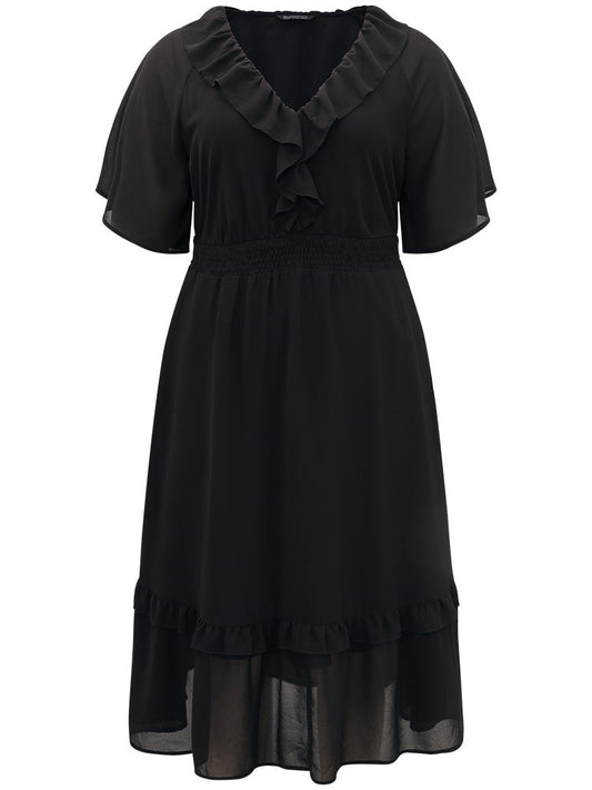 Plain Ruffle Trim Pocket Shirred Dress