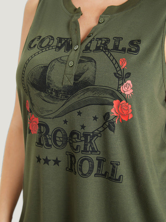 Rose & Letter Print Button Up Graphic Tank Top