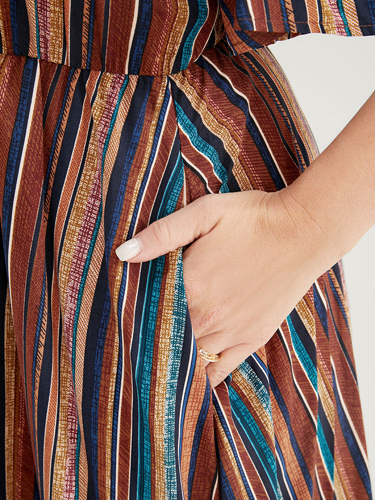 Striped Contrast Keyhole Tie Neck Pocket Cold Shoulder Ruffle Dress