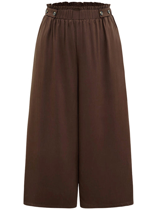 Plain Button Detail Pocket Paperbag Waist Woven Pants