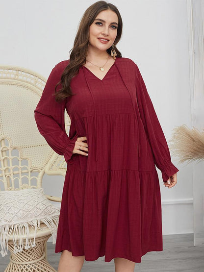 Pleated V-neck Lantern Sleeve Dress