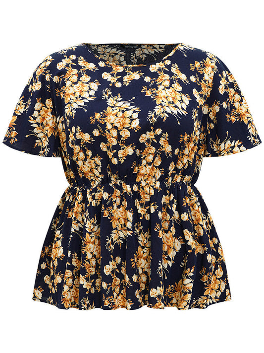 Floral Print Flutter Sleeve Elastic Waist Blouse