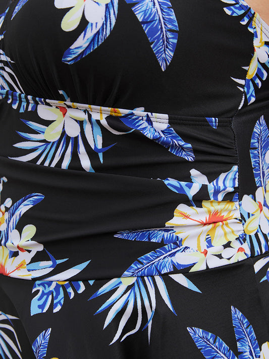 Floral Print Asymmetrical Hem Gathered Sculpt Waist Swim Dress
