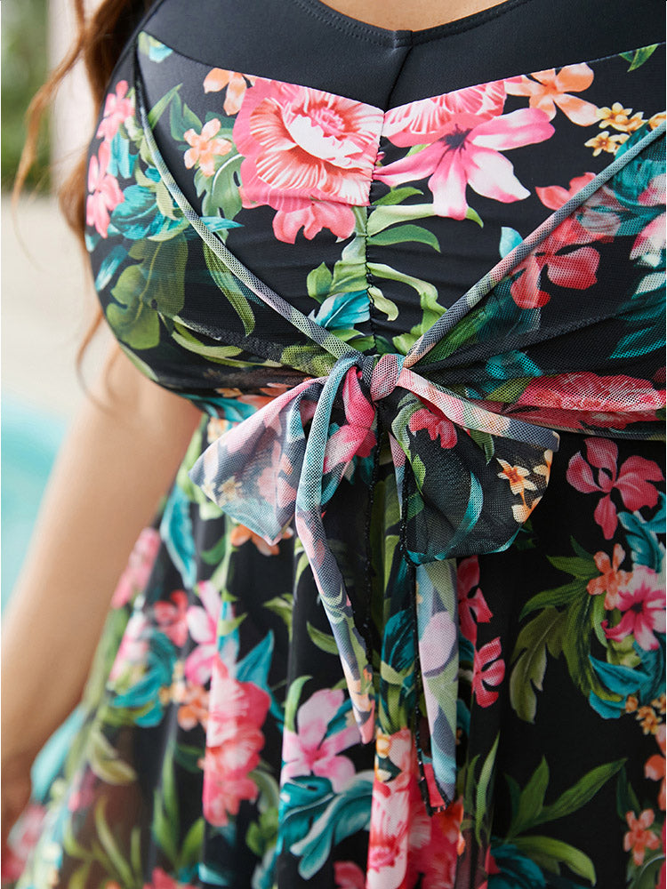 Tropical Patchwork Flutter Hem Knot Front Swim Dress