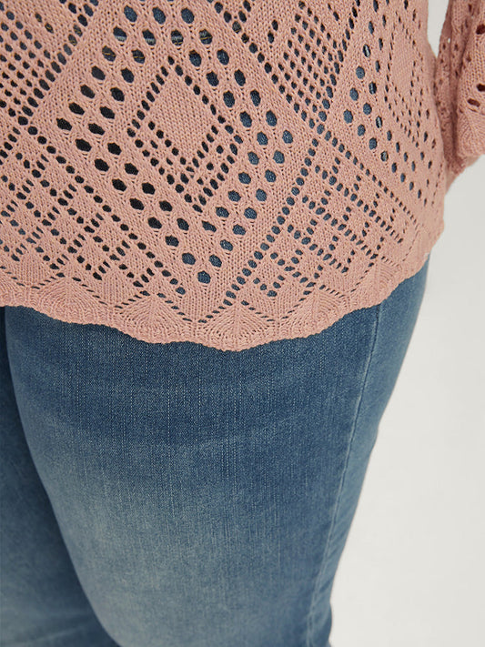 Solid Pointelle Knit Bell Sleeve Argyle Eyelet Knit Top