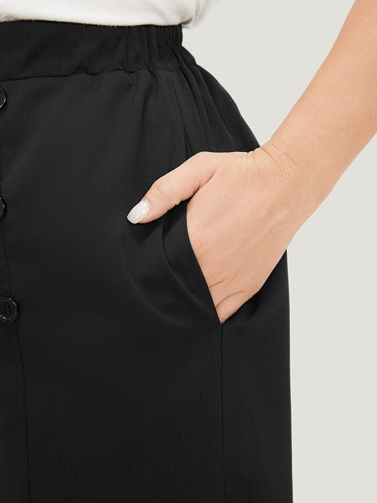Solid Button Detail Pocket Straight Leg Pants