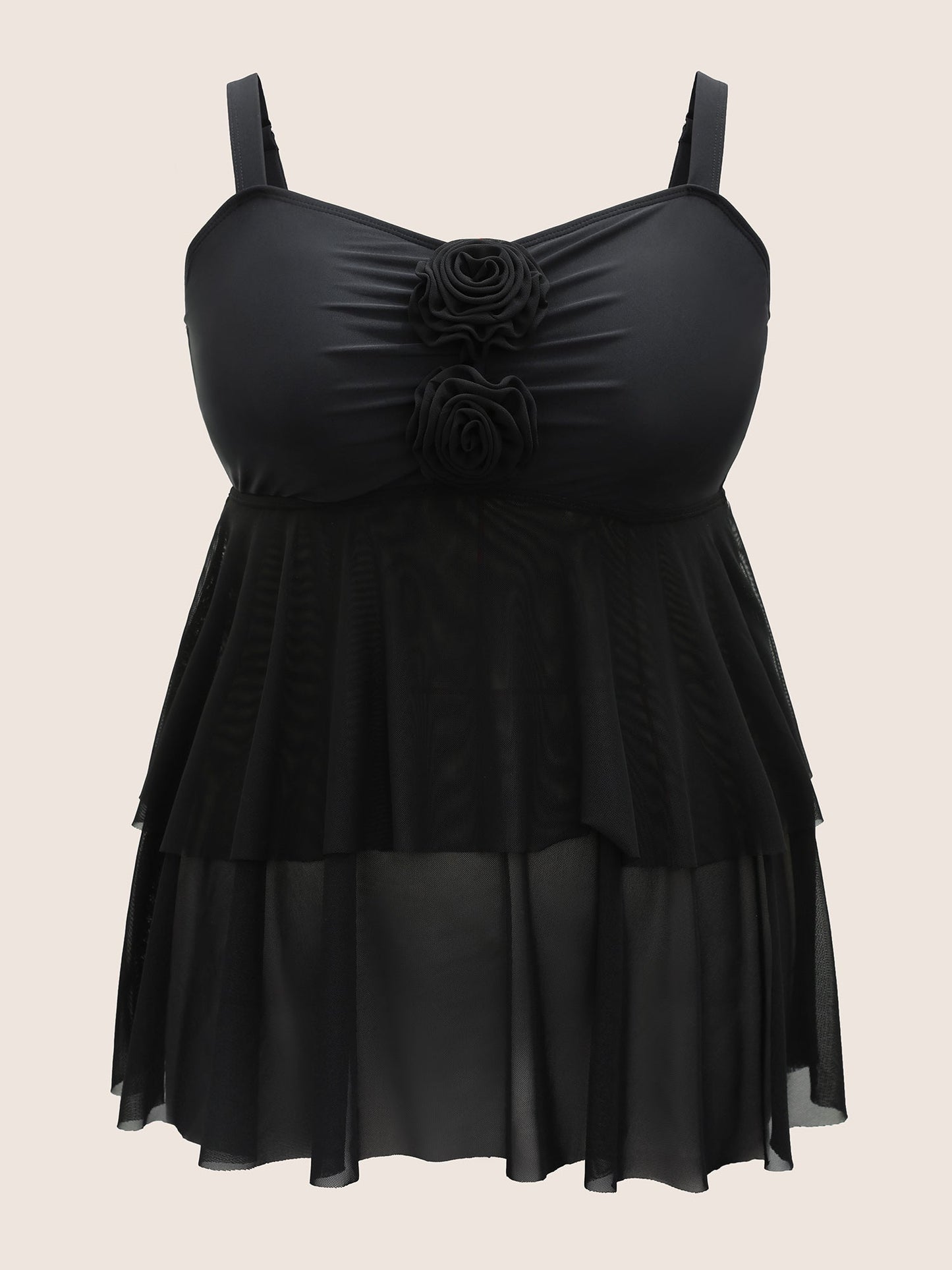 Solid Floral Decor Flutter Layered Hem Swim Top