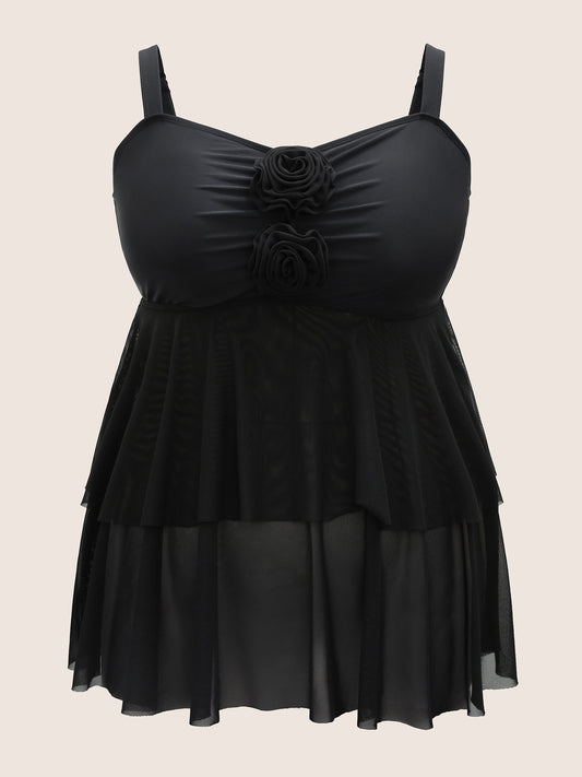 Solid Floral Decor Flutter Layered Hem Swim Top