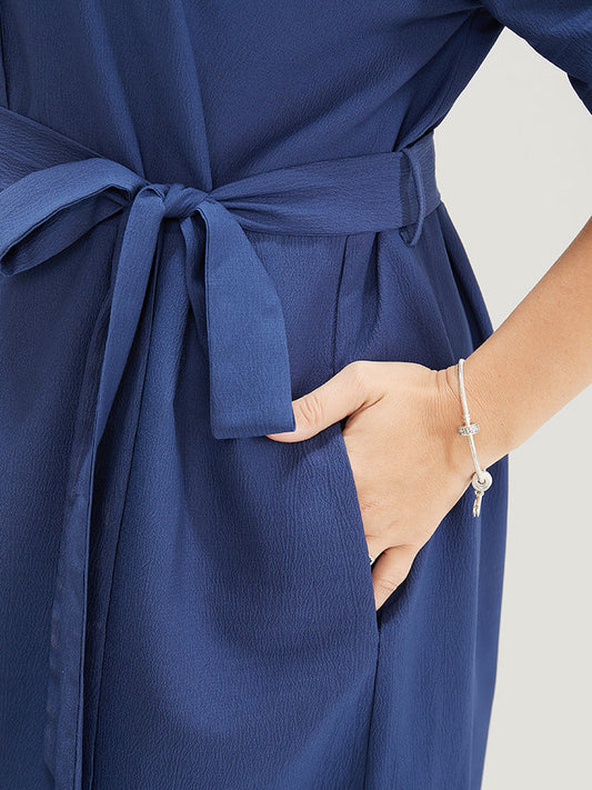Solid Shirt Collar Pocket Cuffed Sleeve Belt Button Up Dress