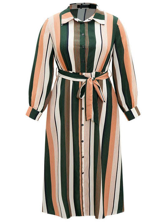 Striped Belted Shirt Collar Button Through Dress