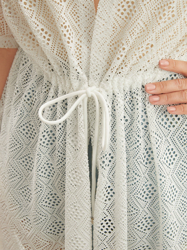 Plain Geometric Cut Out Drawstring Open Front Kimono